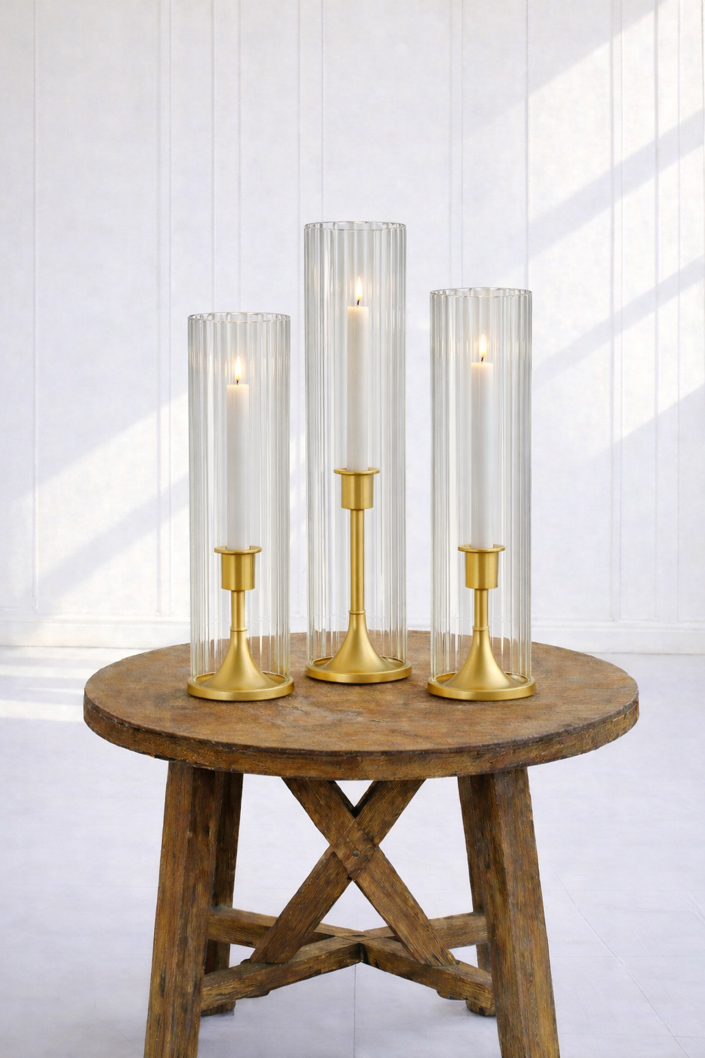 Gold Taper Candle Holders with Ribbed Shades