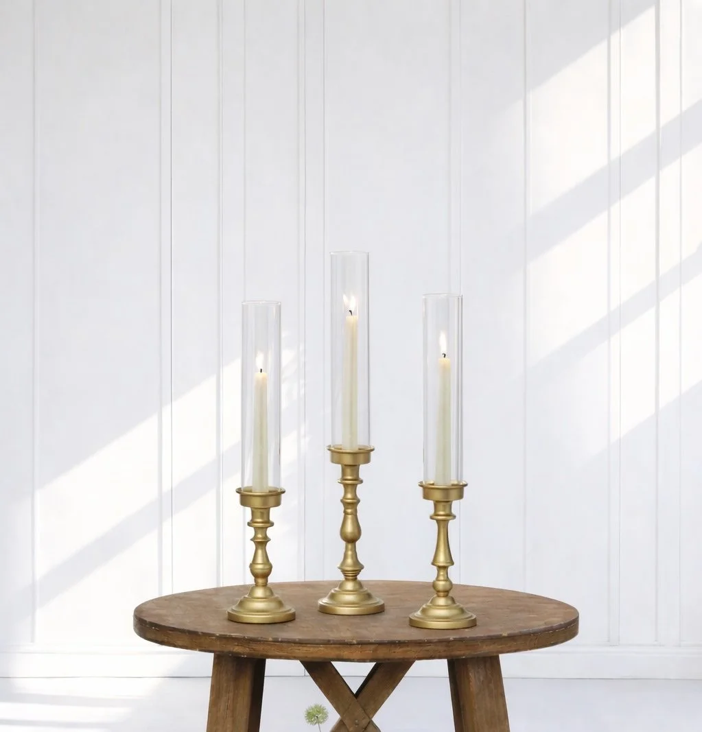 Ornate Gold Candle Holders with Heightened Shades