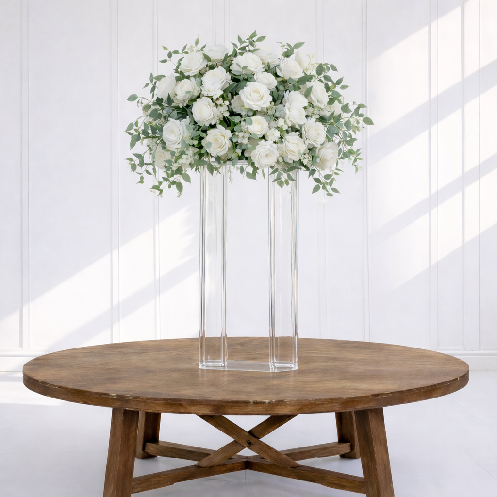 Leland Elevated Centerpieces ($50.00 each to rent/ comes with acrylic riser- 16 available)