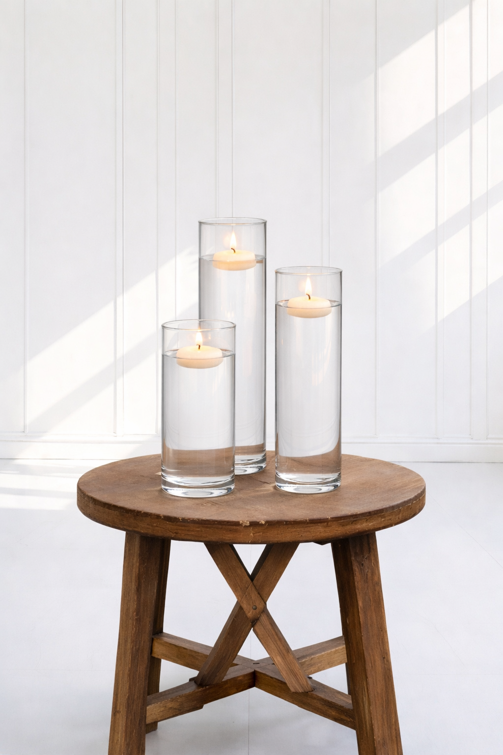 Large Cylinder Trios with Floating Candles (10/12/14in H)- $17.00 per trio