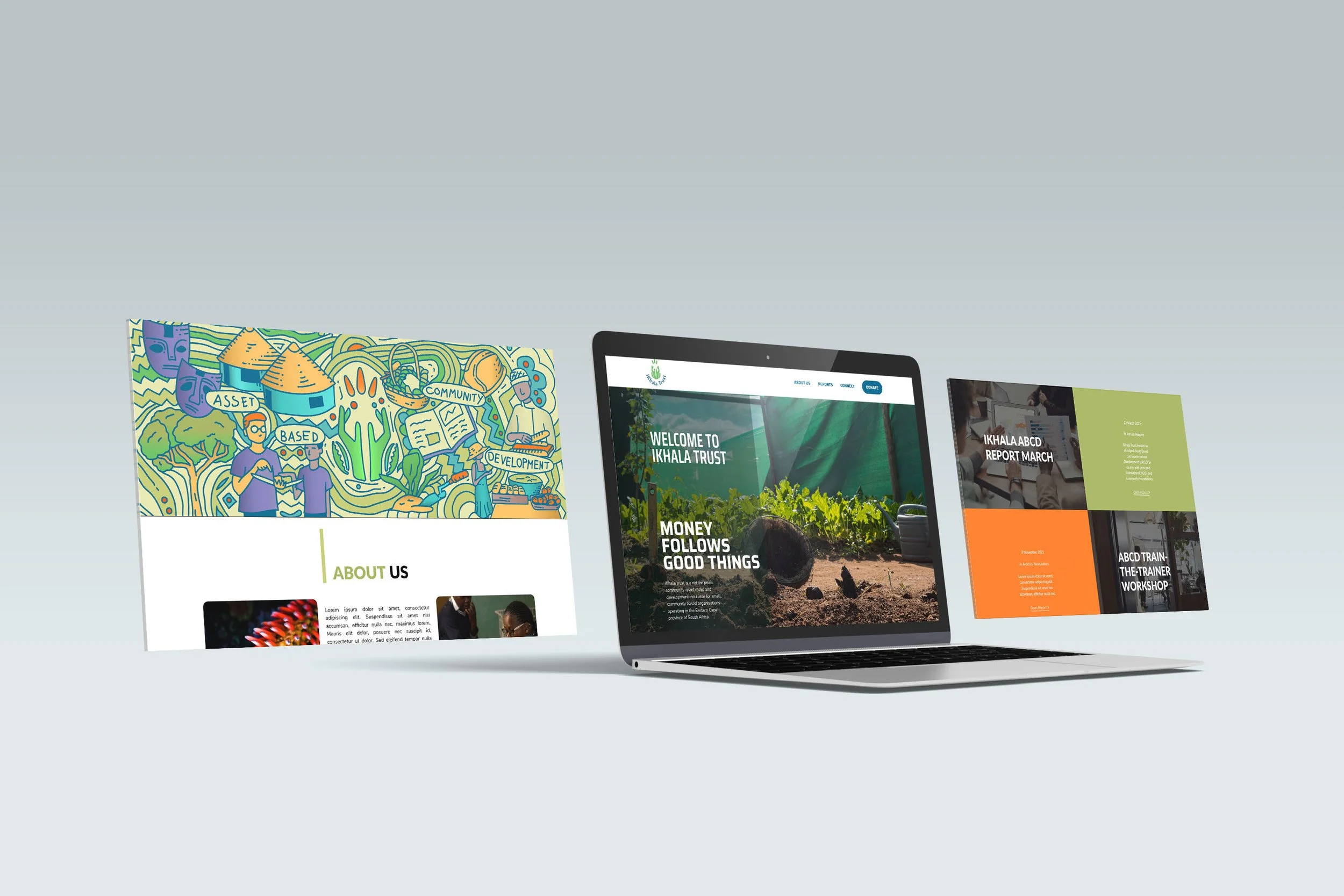 Multiple website screens displayed on a laptop and floating in the air, featuring content about community development, trust, and environmental topics with green and natural themes.