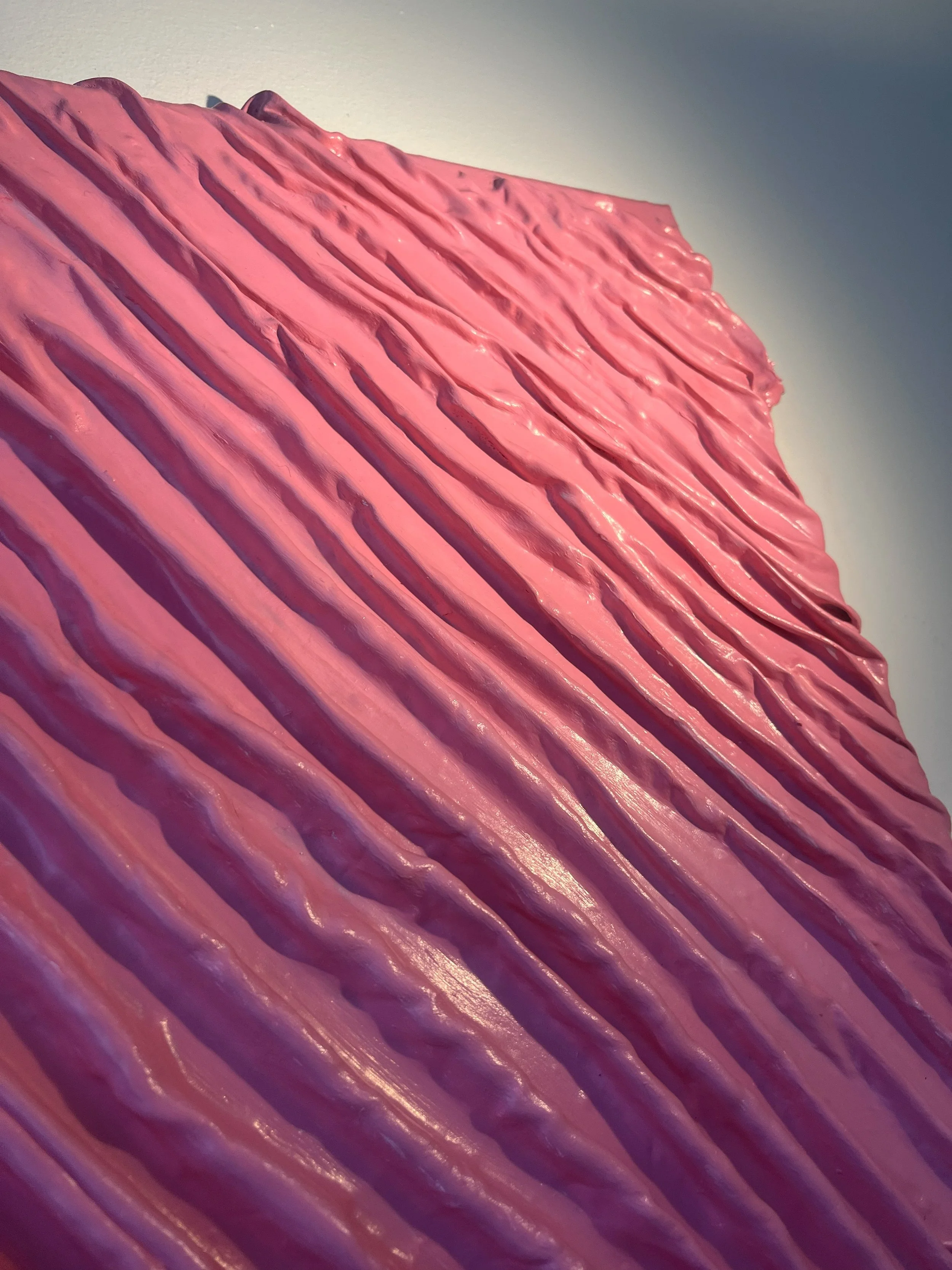 Close-up of a pink textured surface with ridges and shiny spots.