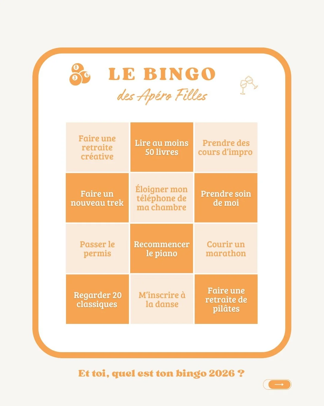Notre Bingo 2026 👀

Ce sont nos ambassadrices qui l&rsquo;ont construit avec leurs envies et leurs objectifs pour 2026.

Et toi, comment tu vois cette nouvelle ann&eacute;e ? ✨

Les Lyonnaises, Rennaises, Bordelaises &amp; Montpelli&eacute;raines, o