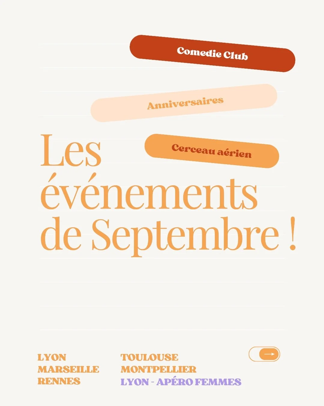 ~ SEPTEMBRE ~

Au programme : initiation ikigai, com&eacute;die club, cerceau a&eacute;rien, reconnexion avec sa f&eacute;minit&eacute;, yoga, Heels, shooting photo&hellip; 

Un agenda un peu moins fourni que d&rsquo;habitude pour vous laisser le tem