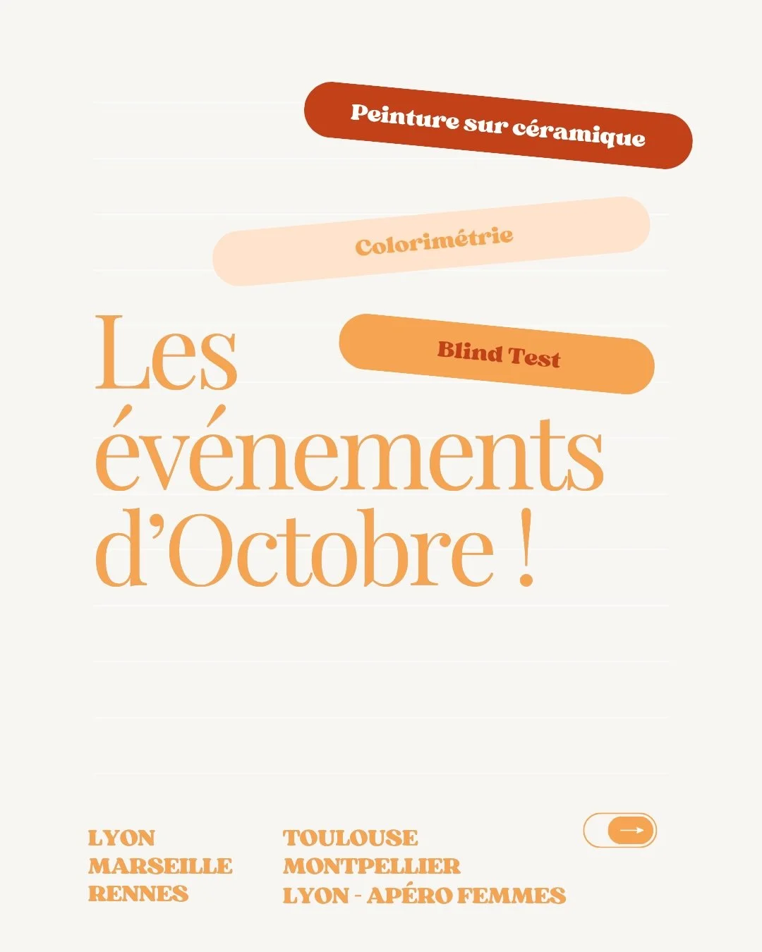 ~ OCTOBRE ~

On retrouve : peinture sur c&eacute;ramique, colorim&eacute;trie, atelier crochet, ap&eacute;ro, Blind test, Escape game, Talk&hellip; 

Un agenda automnale (&agrave; d&eacute;faut de la m&eacute;t&eacute;o&hellip;). On veut du plaid, du