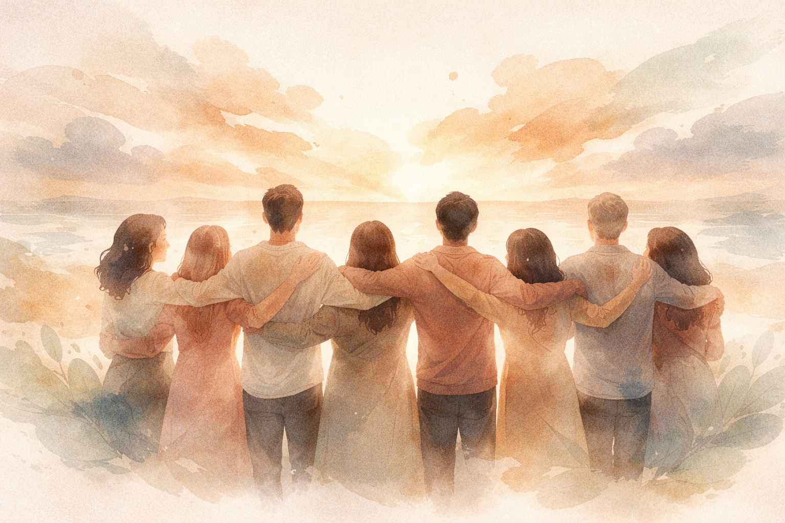 Group of eight people standing on the beach at sunset, arm in arm, looking towards the horizon.