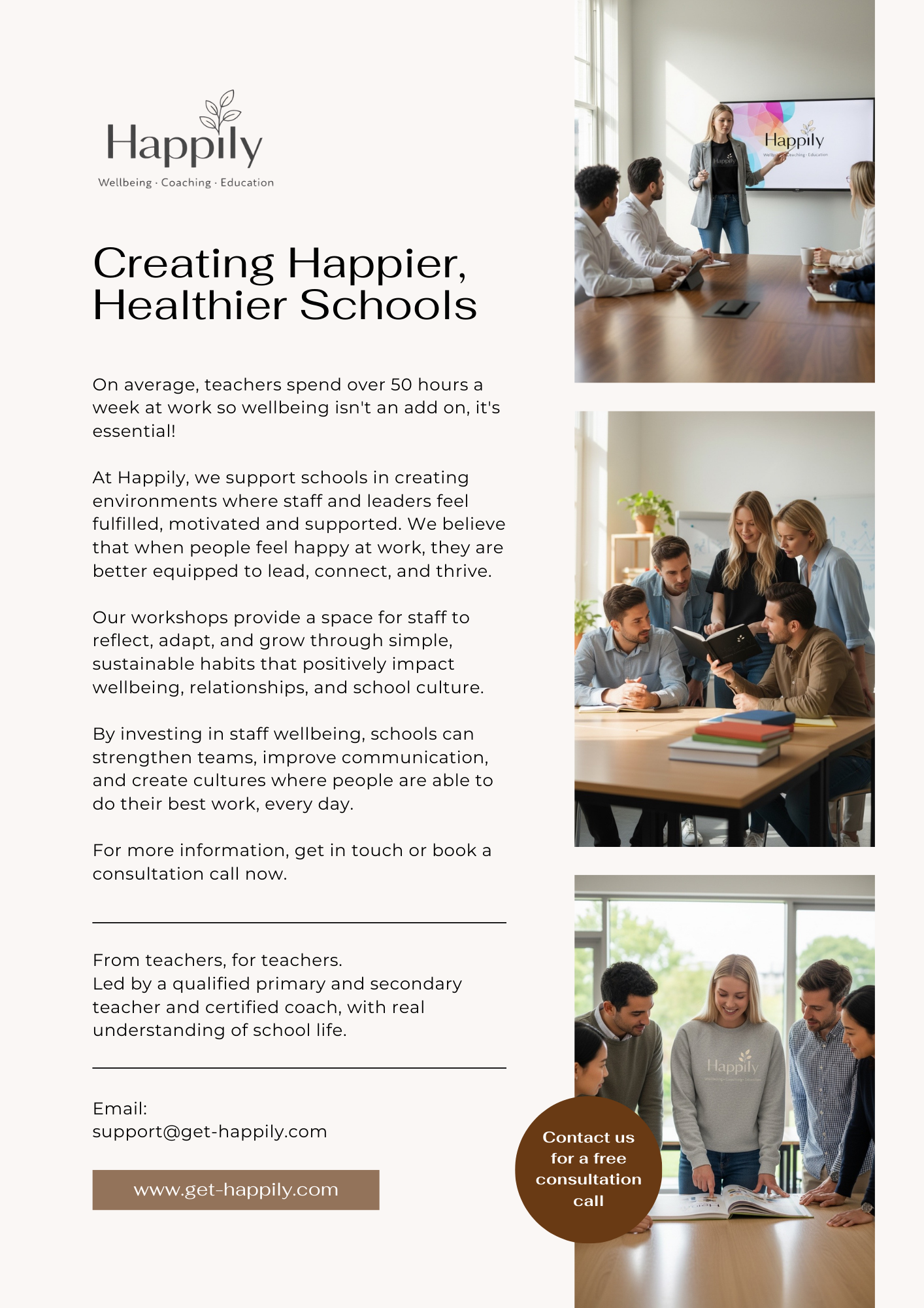 Flyer for Happily, promoting wellbeing, coaching, and education in schools, with images of diverse teachers and staff in meetings and workshops.