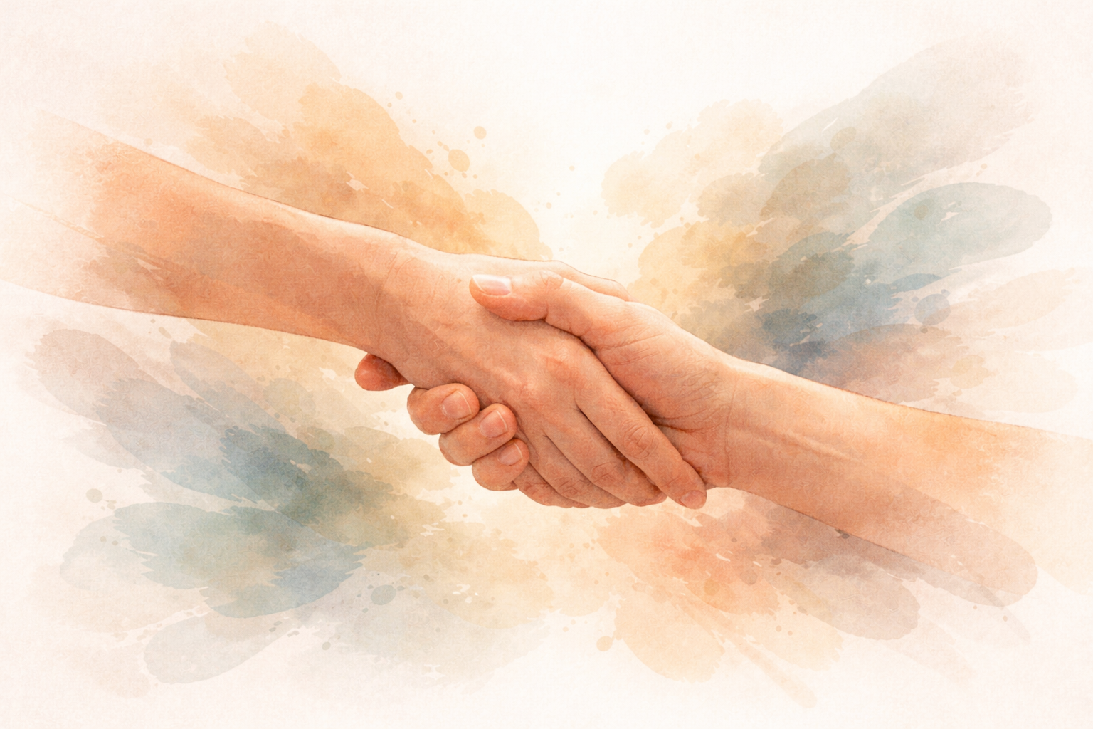 Two hands shaking with a watercolor background of abstract leaves.