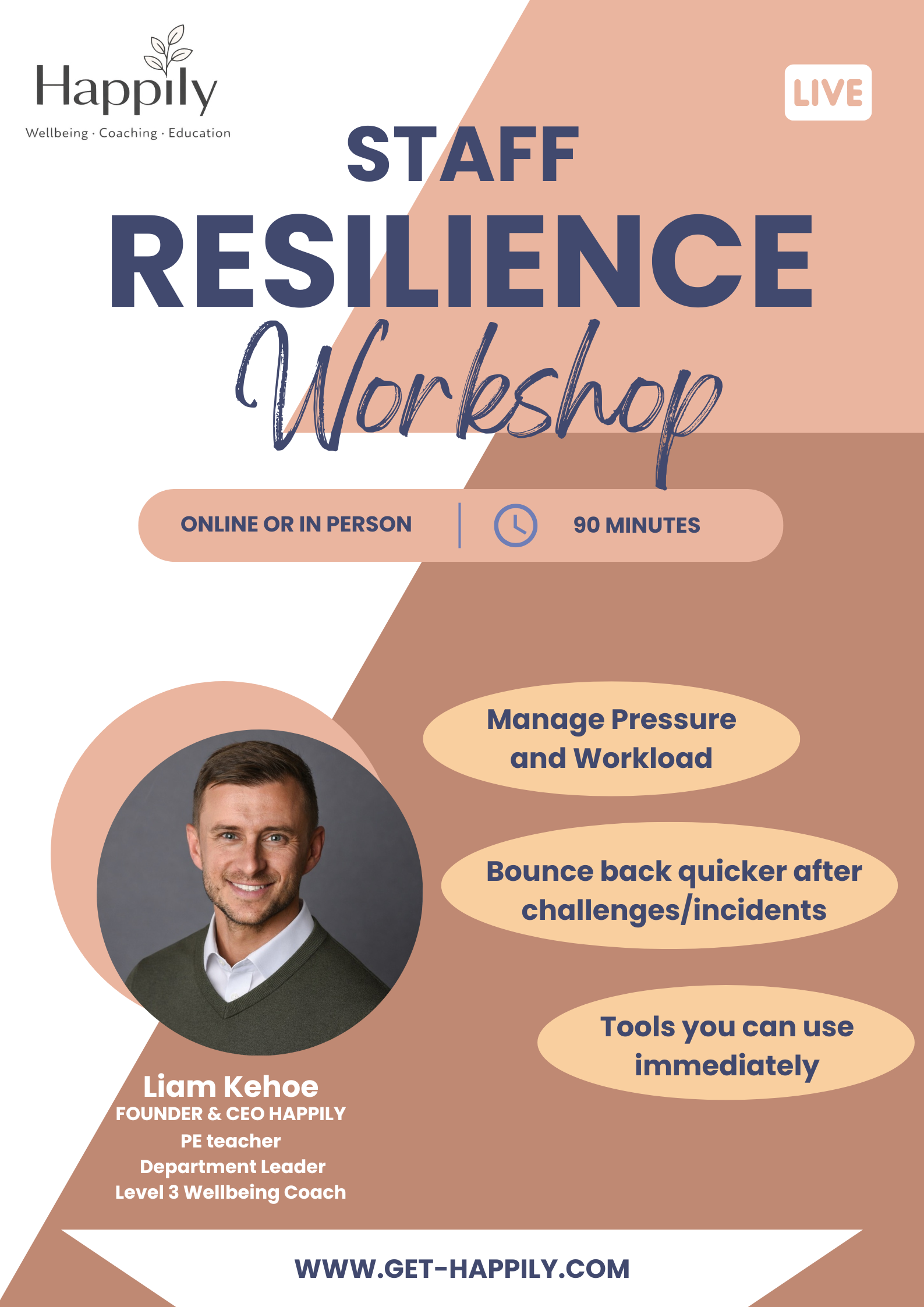 Flyer for a staff resilience workshop by Happily, featuring a photo of Liam Kehoe, with details about the event being online or in person, 90 minutes long, covering managing pressure, bouncing back after challenges, and tools for immediate use, with a website link at the bottom.