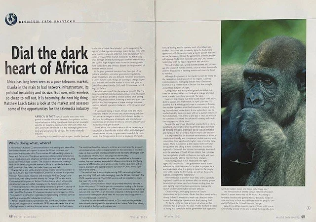 A two-page magazine spread about Africa, featuring a headline about Africa's infrastructure and a large photograph of a gorilla on the right page.