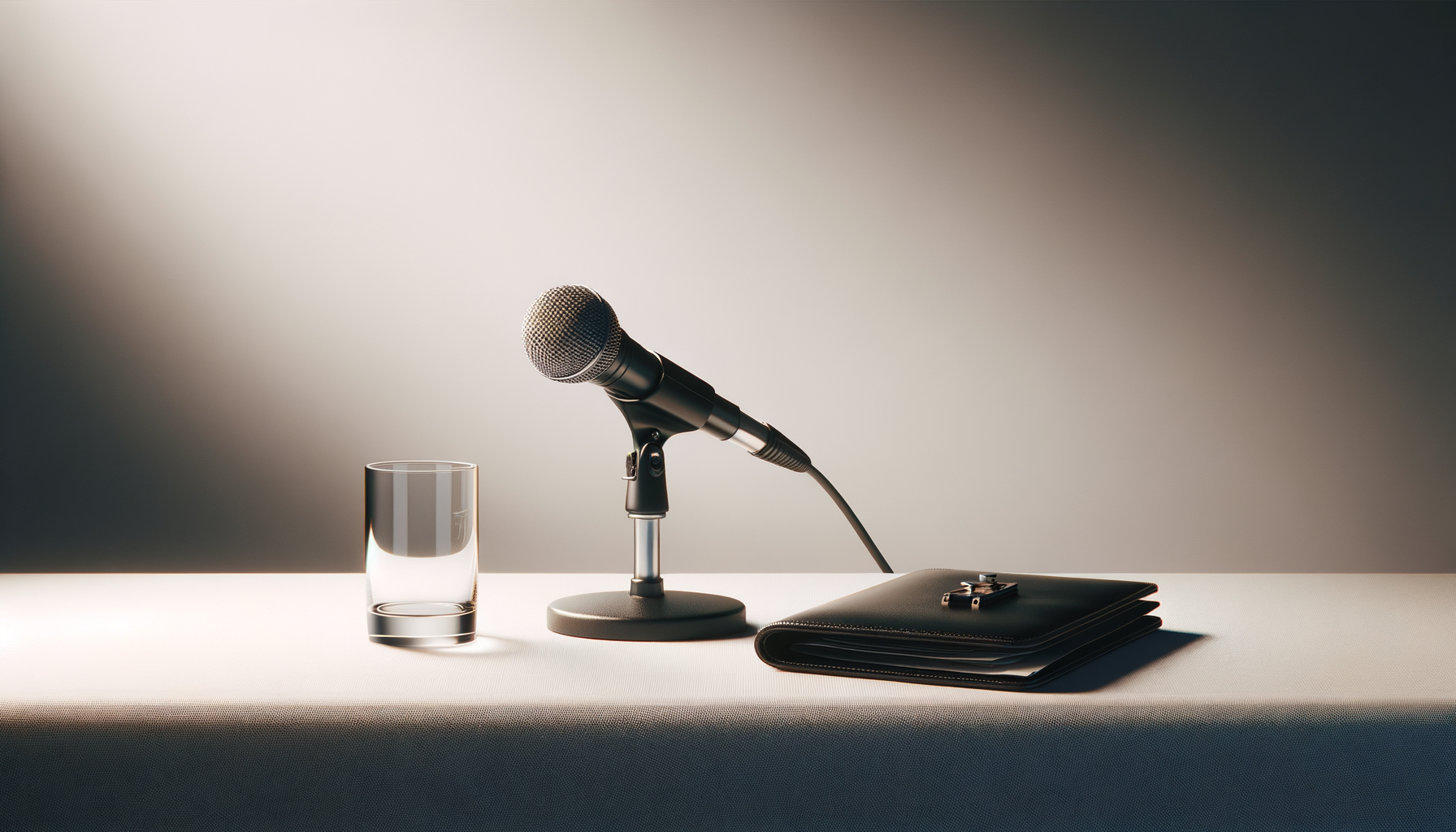 Microphone, glass of water, and notebook with pen on a white table, with a gradient gray background.