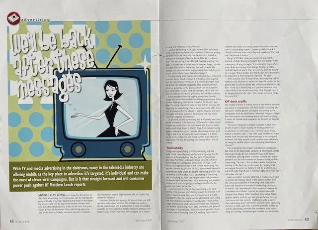 A magazine spread with a cartoon illustration of a woman on a TV screen, surrounded by blue polka dots, with the headline "Wee the TV after these messages." The left page features an article about TV and media advertising, and the right page has additional text and an article discussing off deck traffic and trackability.