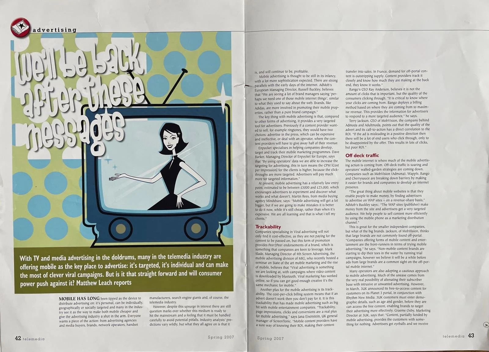 Magazine article with headline 'We'll be back after these messages' and an illustration of a woman on a TV screen, discussing mobile advertising in the media industry.