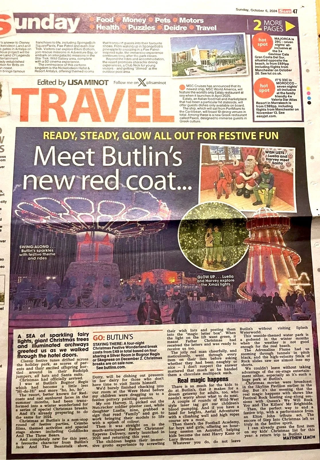 Front page of a newspaper featuring an article about a fairground ride with a red and purple lighted merry-go-round, children sitting on a Santa Claus figure, and a festive theme with Christmas decorations.