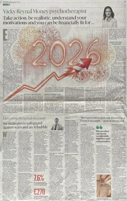 A newspaper page featuring a large illustration of the year '2025' with fireworks in the background and an upward trending arrow, symbolizing growth or progress. The page includes text and small images, with a focus on financial and personal account topics.