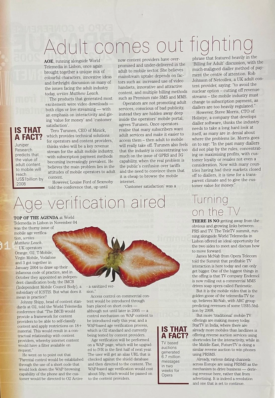 A newspaper page featuring articles with headlines such as 'Adult comes out fighting,' 'Age verification aired,' and 'Turning on the TV.' The page contains a paragraph discussing mobile content providers and adult industry issues, along with an image