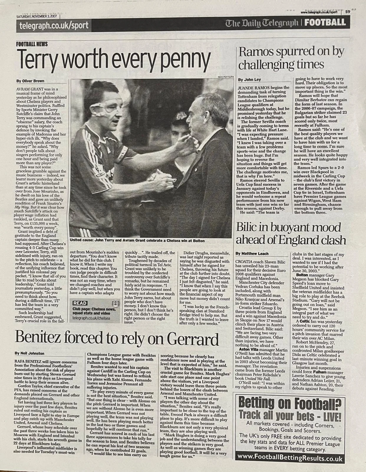 Black-and-white newspaper clipping from the Daily Telegraph sports section, dated November 3, 2007, with headlines about football. The main article features John Terry and Avram Grant celebrating Chelsea's win at Bolton, accompanied by a photo of the