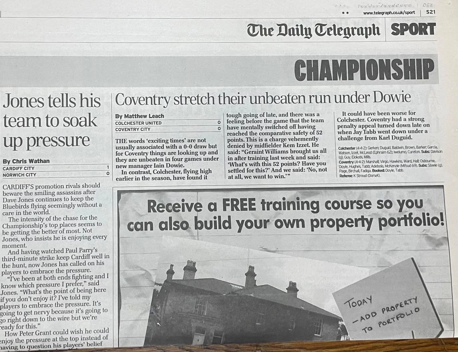 Front page of a newspaper sports section with headlines about rugby matches, and an advertisement offering free property portfolio training, featuring a house and a sign that says 'Today add property to portfolio'.