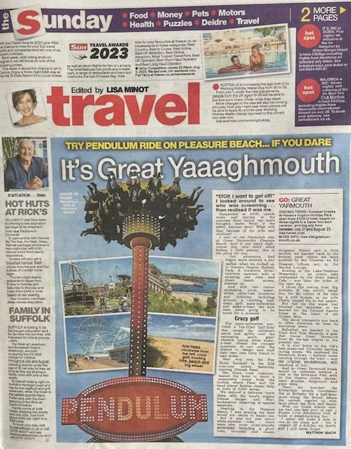 A newspaper page featuring a travel story about Yaughmouth, including a poster of the Pendulum ride at Pleasure Beach. The page has sections on food, money, pets, motors, health, puzzles, and travel, with headlines, articles, and photos.
