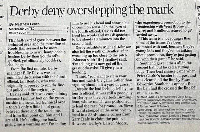 Newspaper article titled "Derby deny overstepping the mark" by Matthew Leach, discussing a football match between Southend United and Derby County, including player injuries and referee decisions.