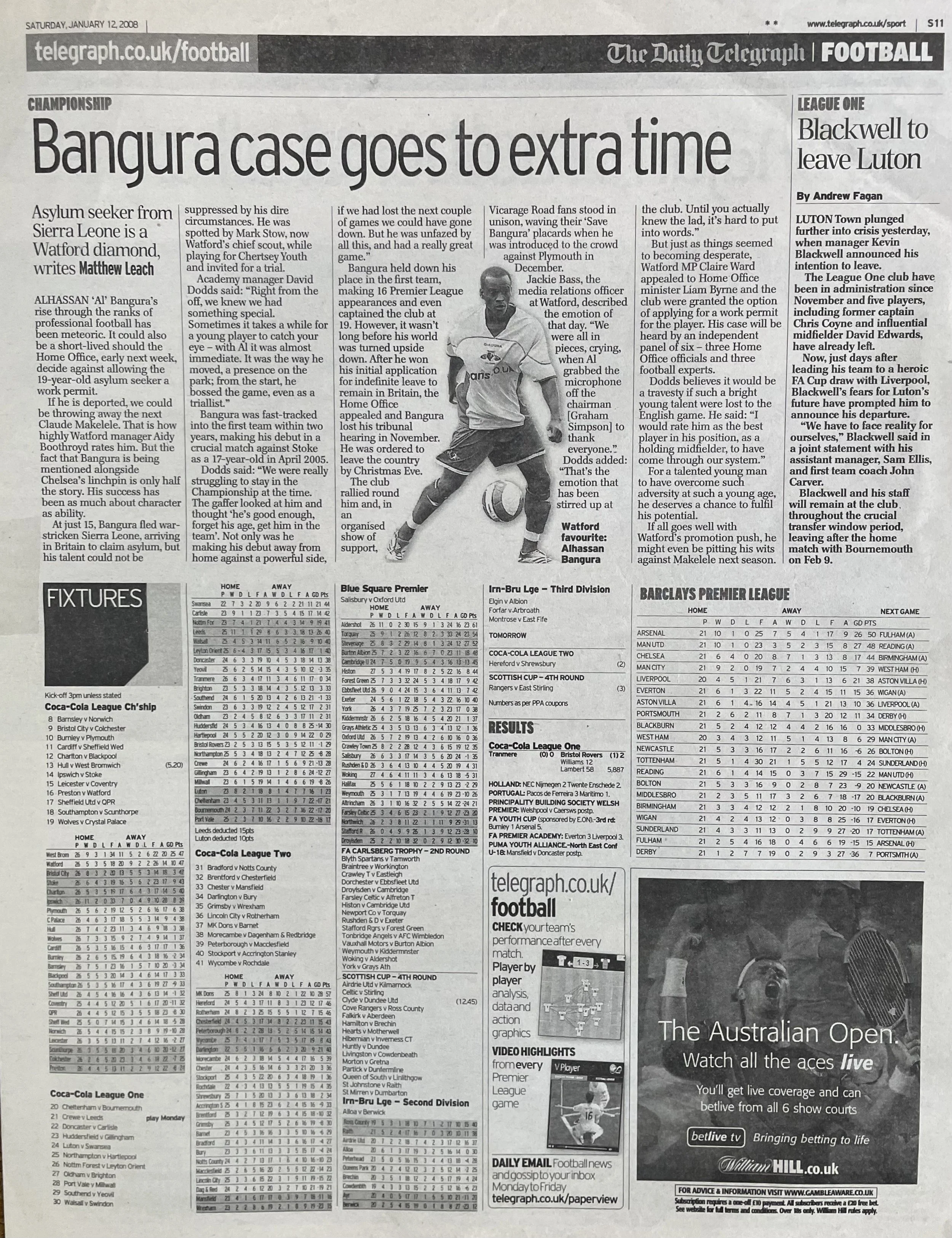 Newspaper page from The Daily Telegraph dated Saturday, January 12, 2008, featuring football match fixtures, scores, and articles including coverage of Bangura's case and other league news.
