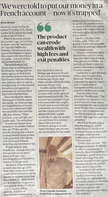 Article discussing the impact of a financial product that can erode wealth with high fees and exit penalties, featuring a photo of Stuart Larder in a suit and tie.