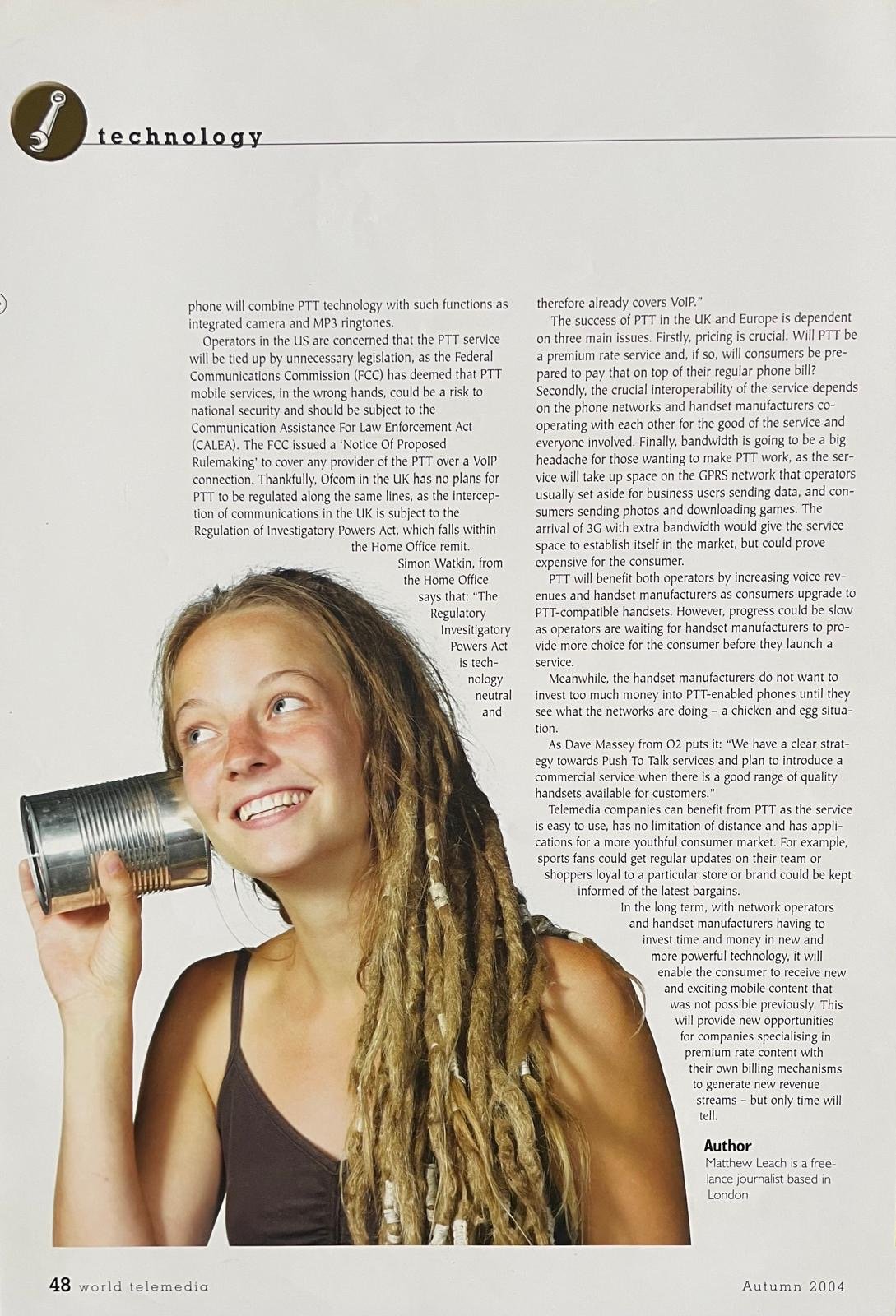 A young woman with dreadlocks and a tank top, smiling and holding a tin can telephone to her ear, in a magazine page about telecommunications and technology.