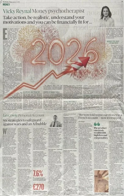 A newspaper page featuring a large graphic with fireworks and the year '2025' in pink, along with a red upward trending line and rocket. The page includes headlines and articles about finance and personal finance strategies.