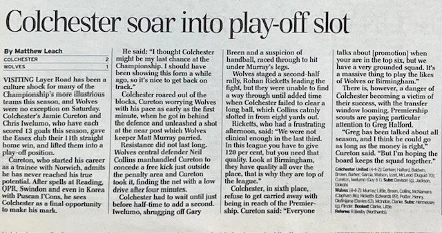 Newspaper article titled "Colchester soar into play-off slot" by Matthew Leach, discussing Colchester's recent successes in football, with details about specific matches, players, and team performance.