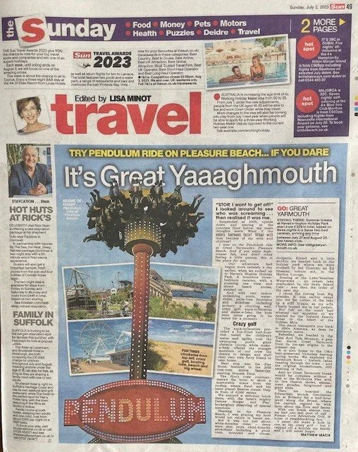 Color photo of a newspaper page featuring an article about a pendulum ride at Pleasure Beach in Yarmouth, with images of the ride, a ferris wheel, and kids enjoying the attraction.