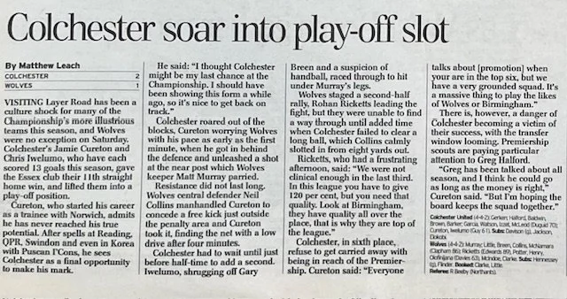 Newspaper article about Colchester's football game, mentioning a player named Gary, and discussing team performance and match details.