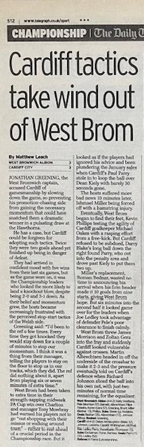 Headline of a newspaper article about Cardiff's challenges with West Brom, titled 'Cardiffactics take wind out of West Brom,' with a summary of the match and team comments.