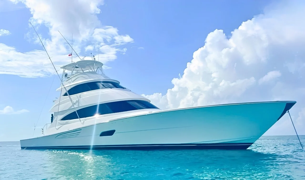 A large white yacht with multiple decks floating on calm blue water under sunny skies.