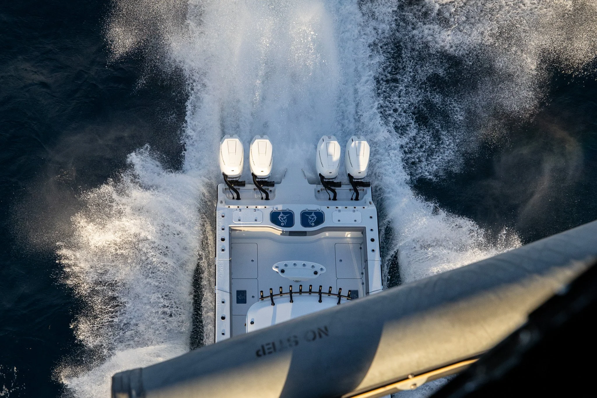 Freeman boat view of four motors from above