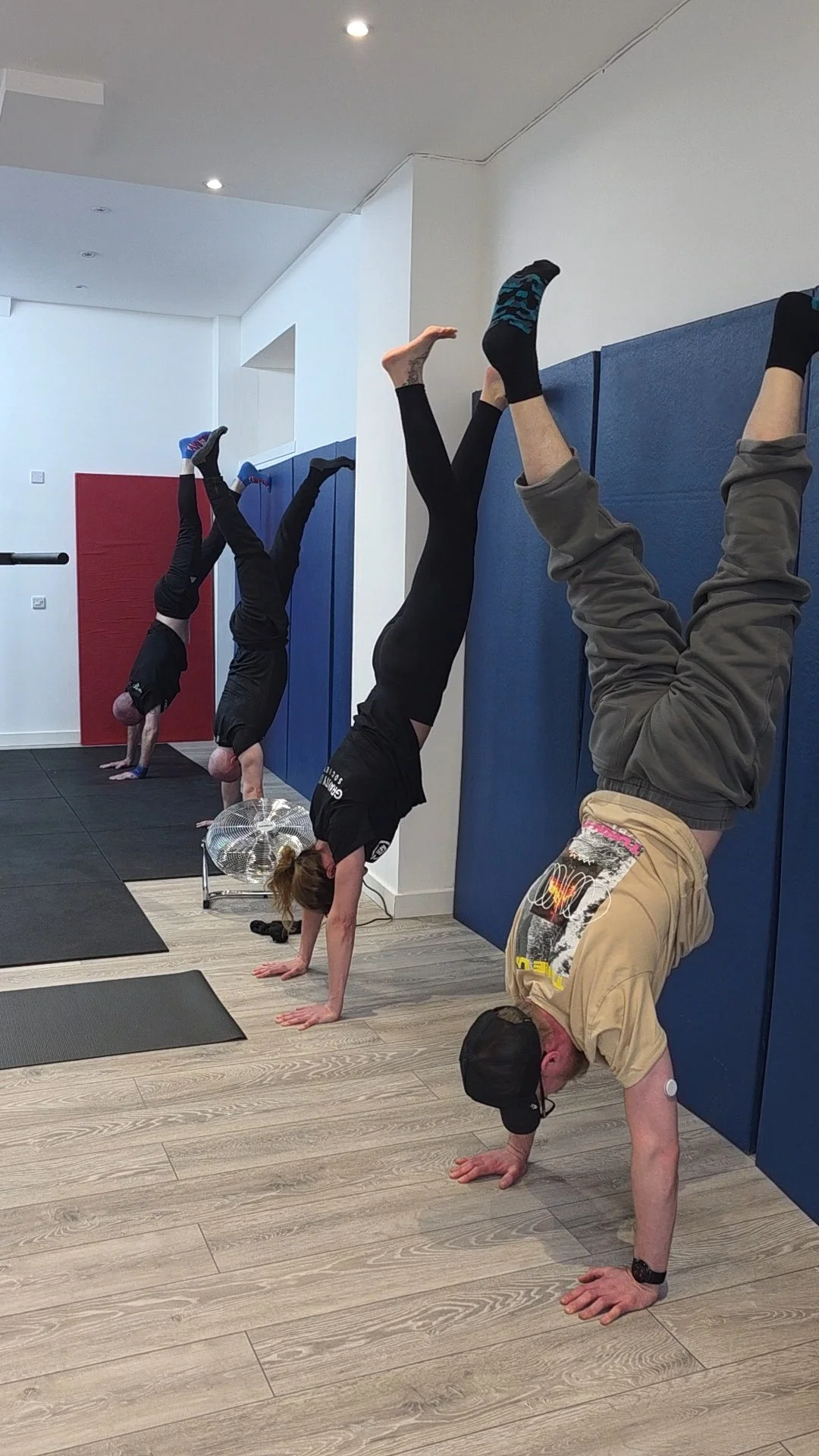 Four people in a yoga pose doing handstands against blue padded walls in a gym or fitness studio.
