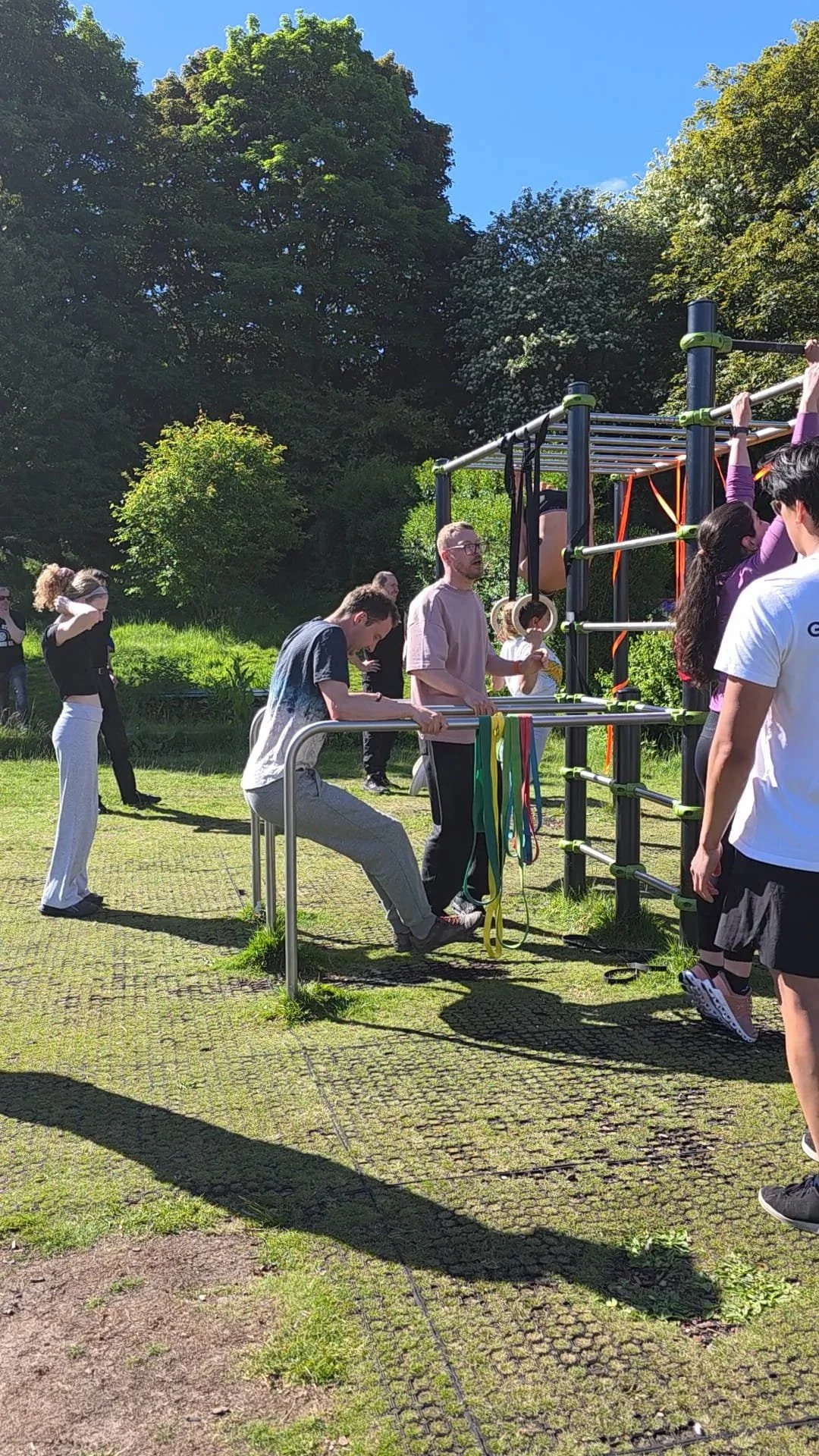 People doing outdoor fitness exercises in a park on a sunny day with trees and blue sky in the background.