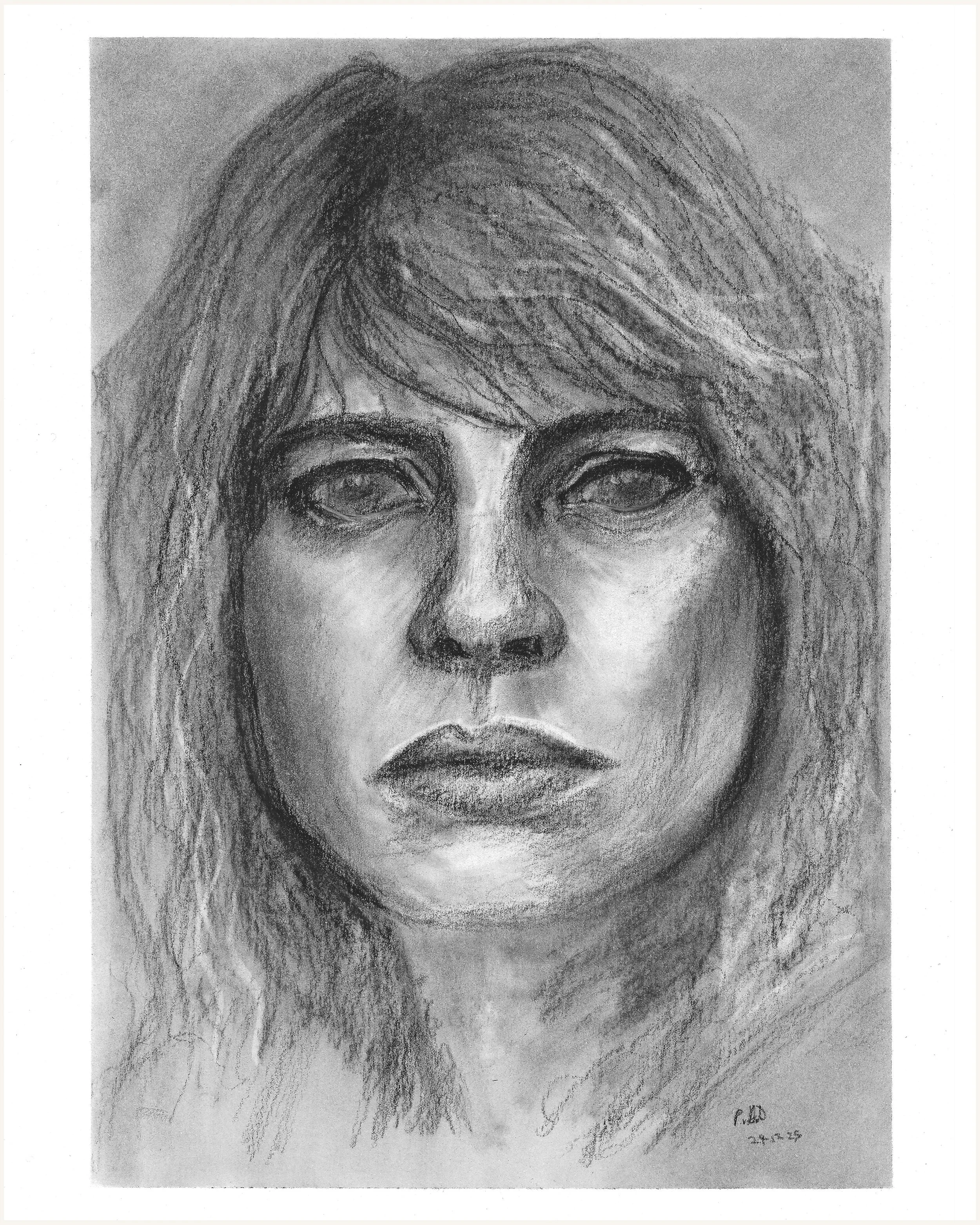 A charcoal drawing of a woman with long, wavy hair and a neutral expression.