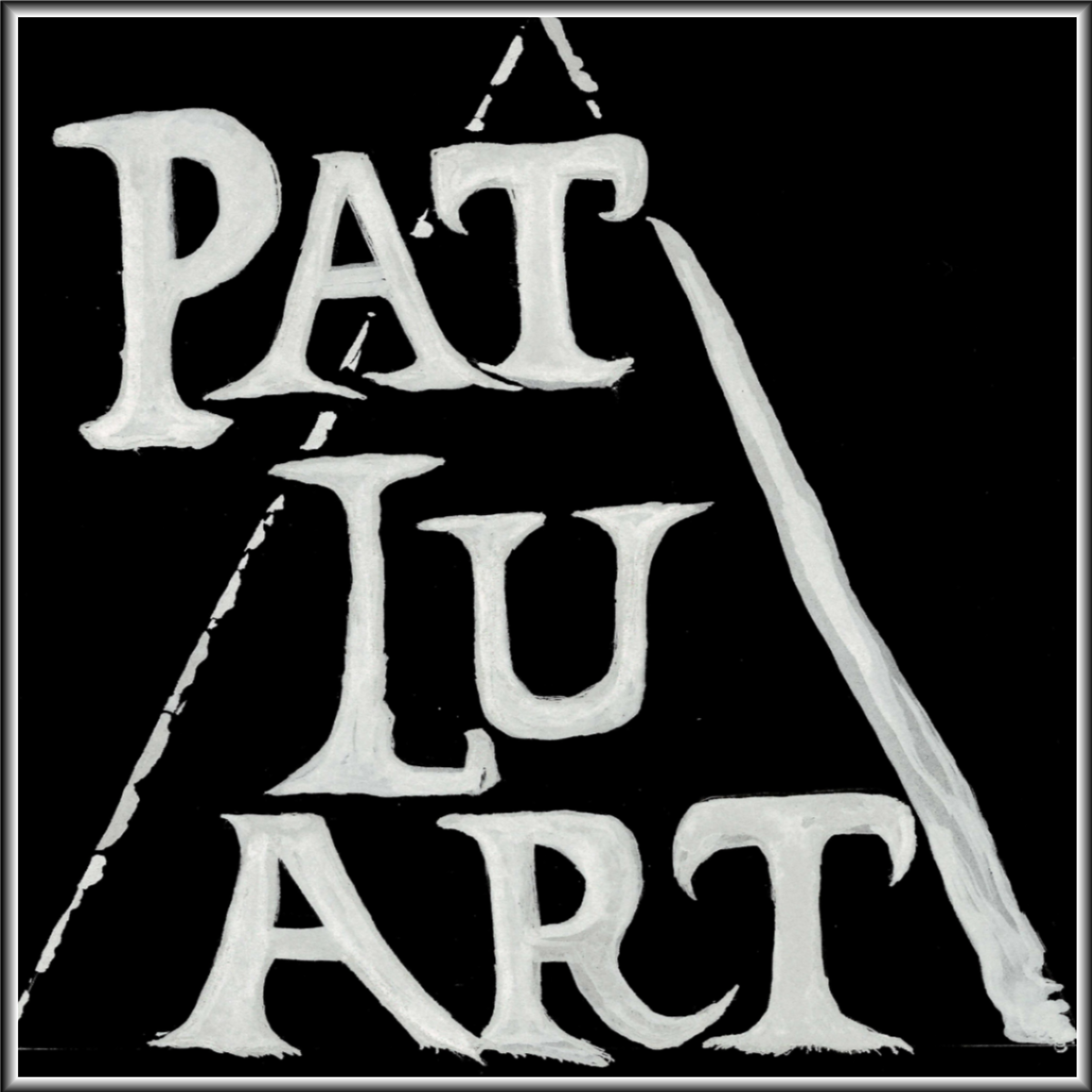 Chalkboard sign with the word "Pat Lu Art" written in white artistic lettering.