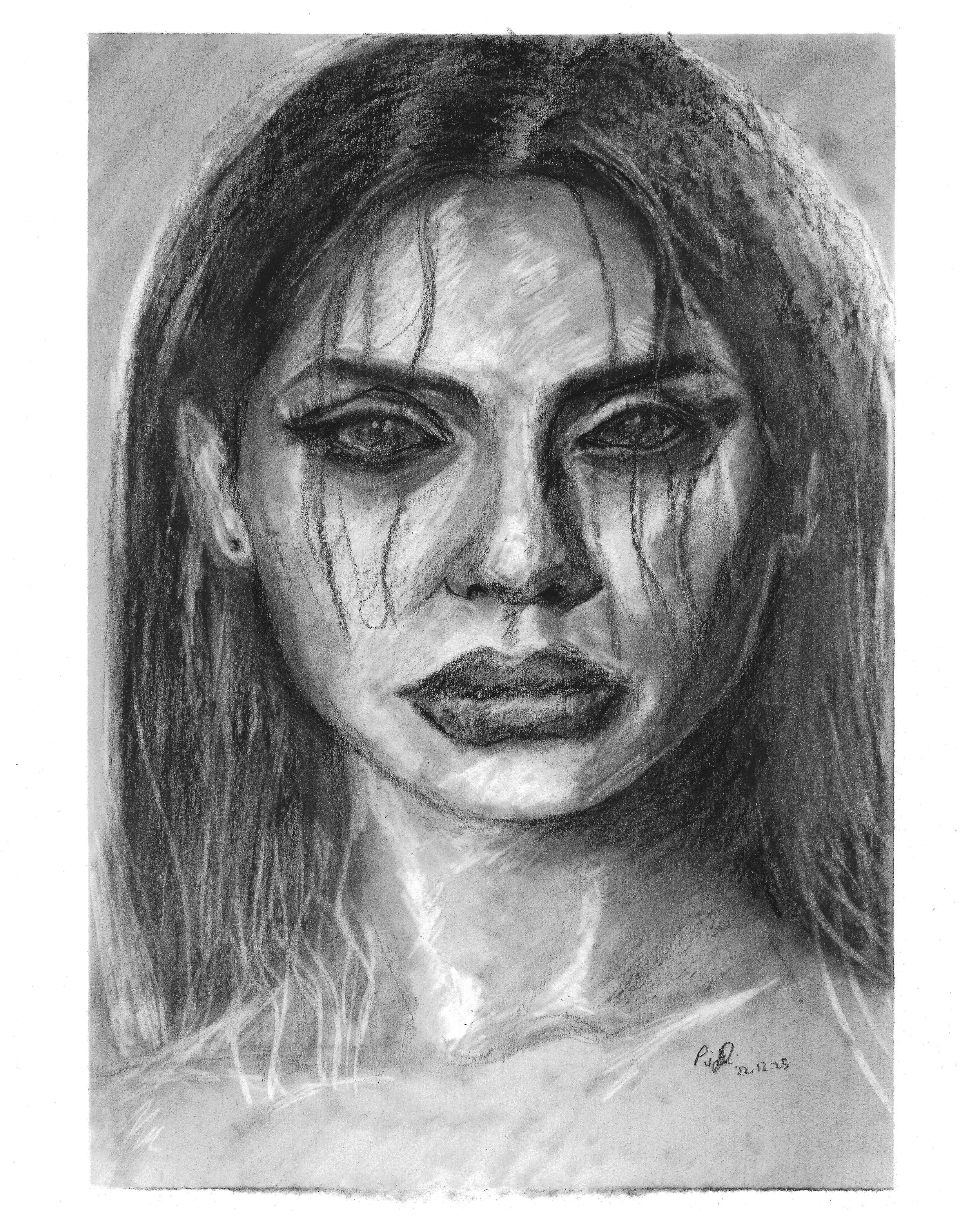 A black and white charcoal drawing of a woman with tears streaming down her face, with dark eye makeup and long hair.