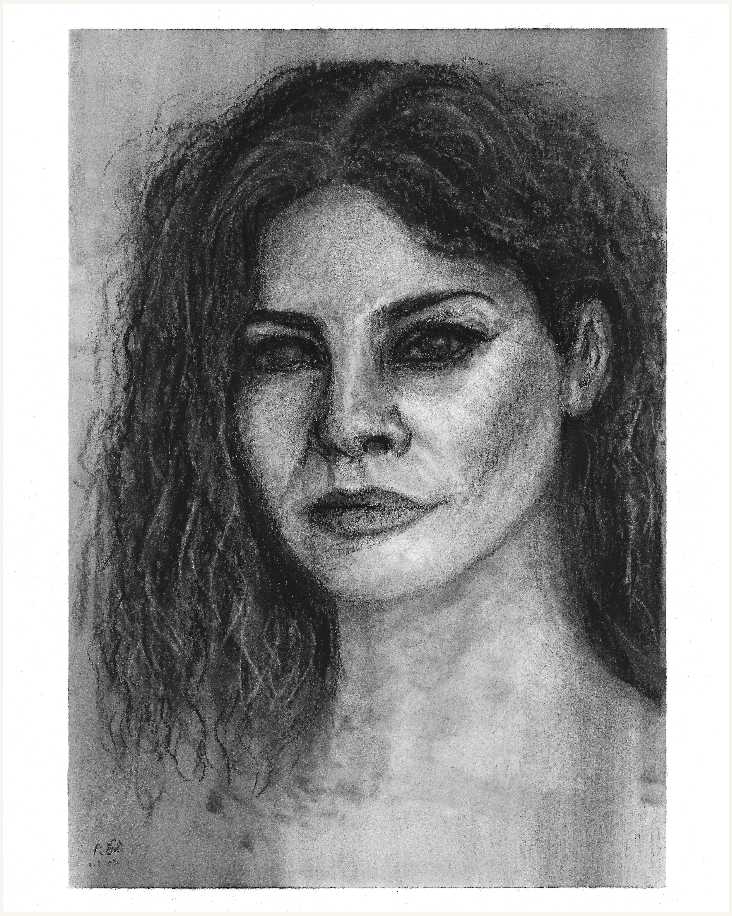 A black and white portrait of a woman with curly hair, intense gaze, and full lips.