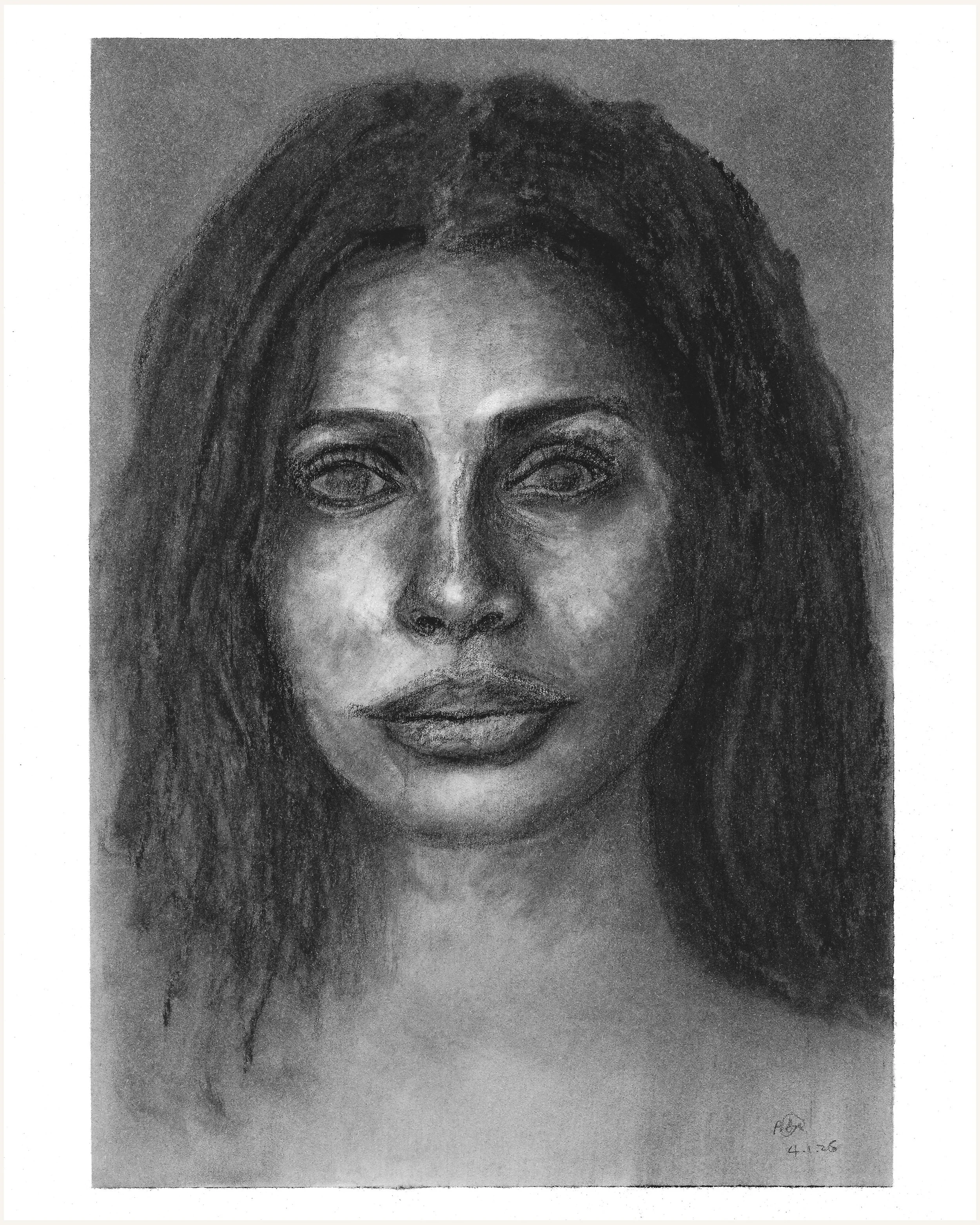 Portrait of a woman with long hair, closed eyes, full lips, and a calm expression.