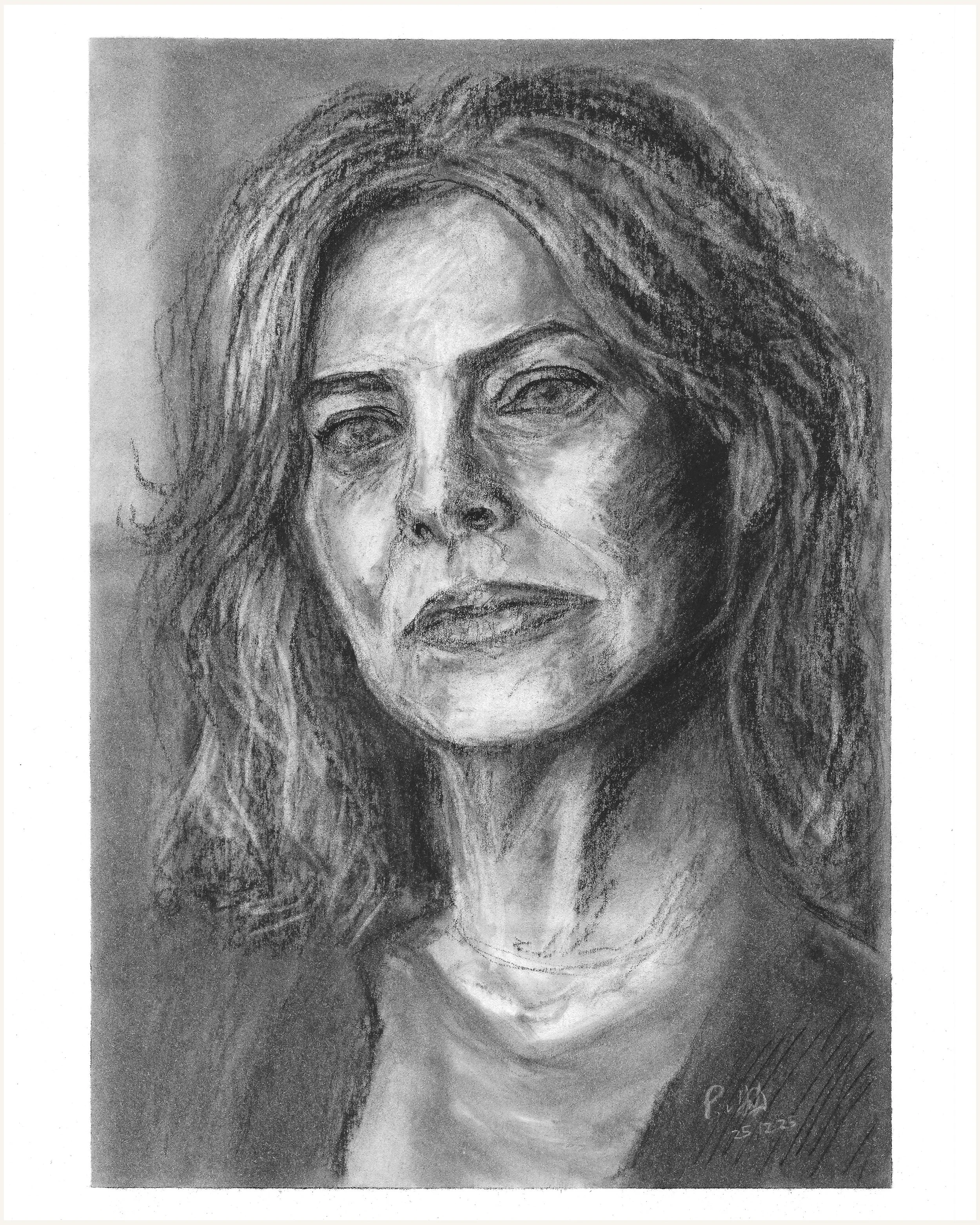 A grayscale portrait of a woman with wavy hair, wearing a necklace and a top, with a neutral expression.