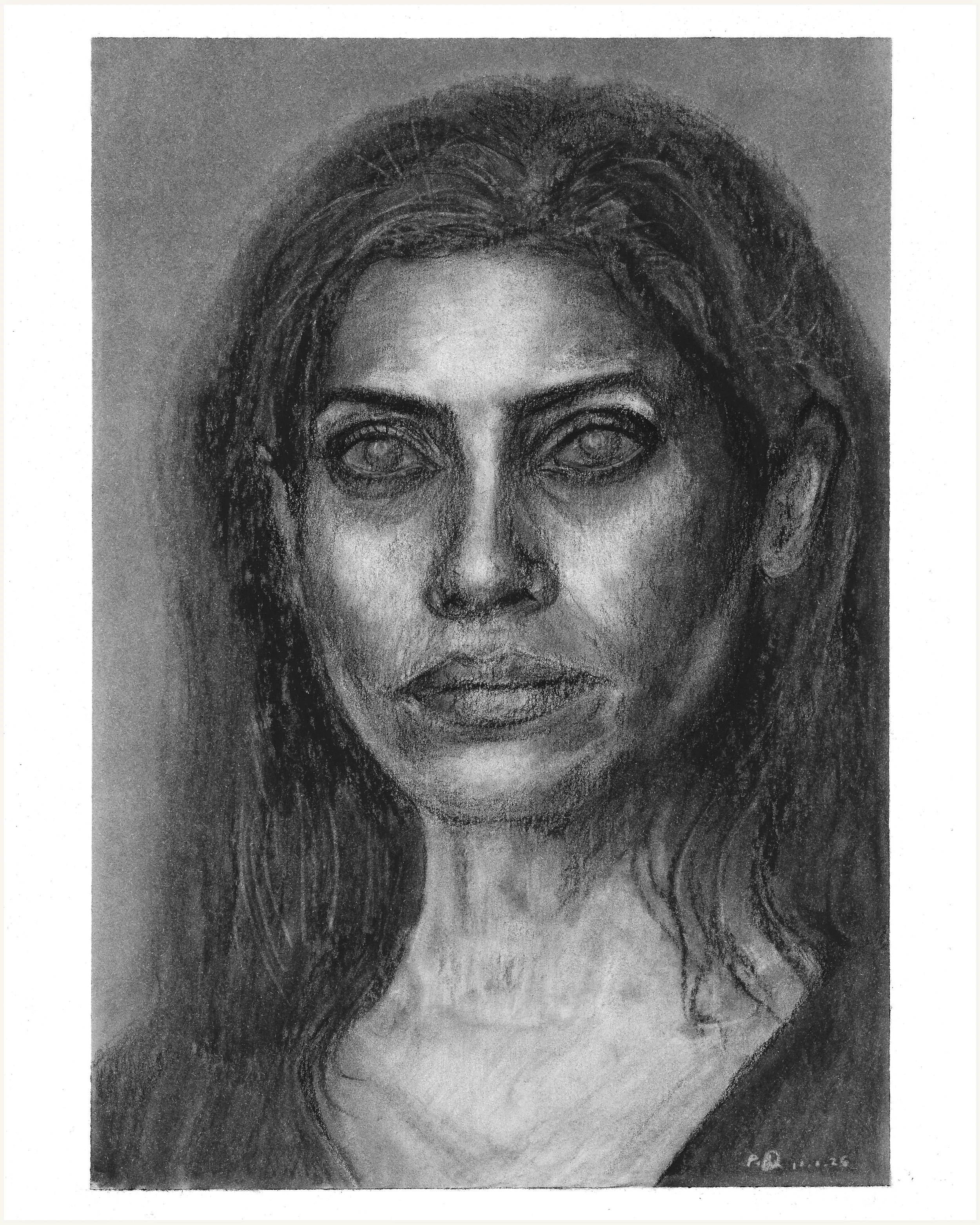 A black and white charcoal drawing of a woman with long, wavy hair, high cheekbones, and full lips, looking directly at the viewer.
