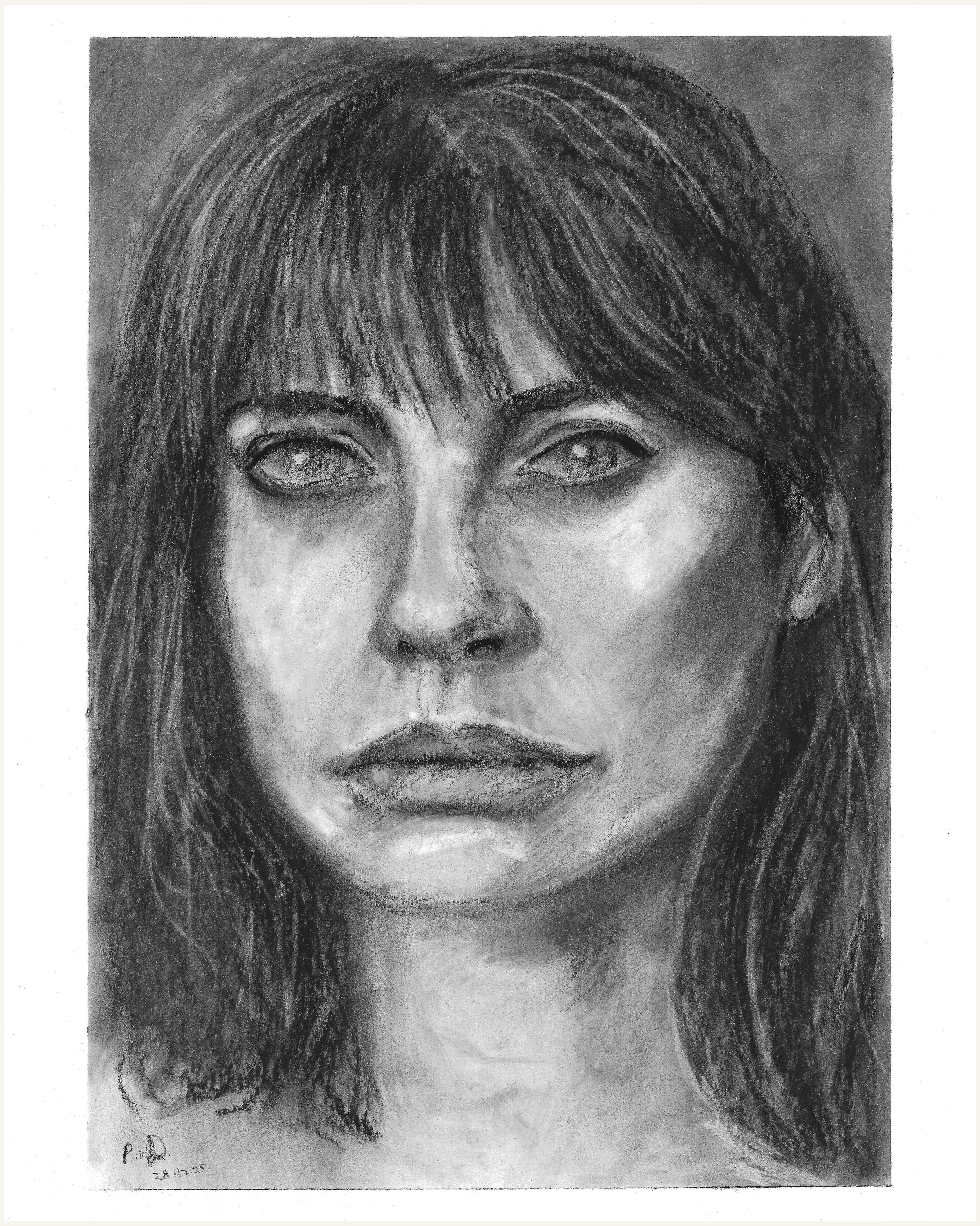 Black and white portrait of a woman with shoulder-length hair, slightly parted lips, and intense eyes.