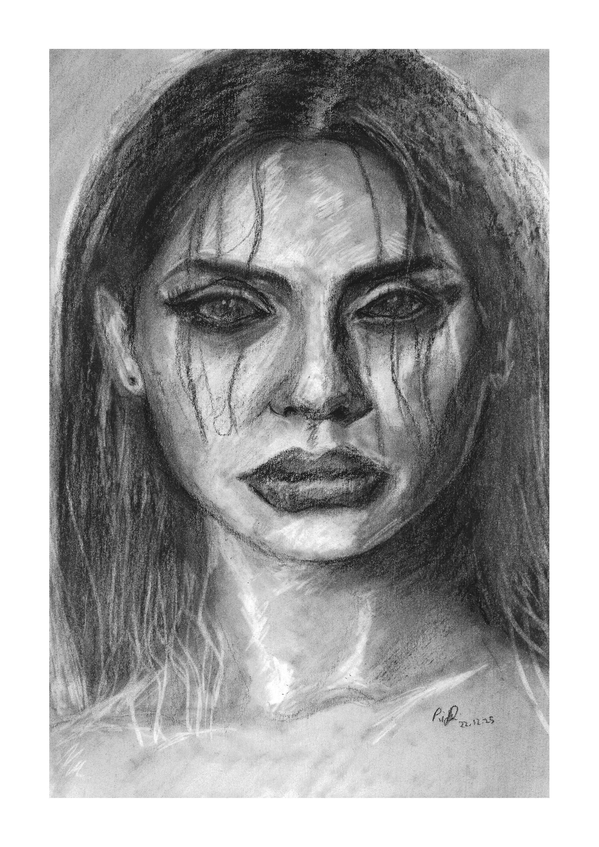 Black and white charcoal drawing of a woman with long hair, intense eyes, and tears streaming down her face.