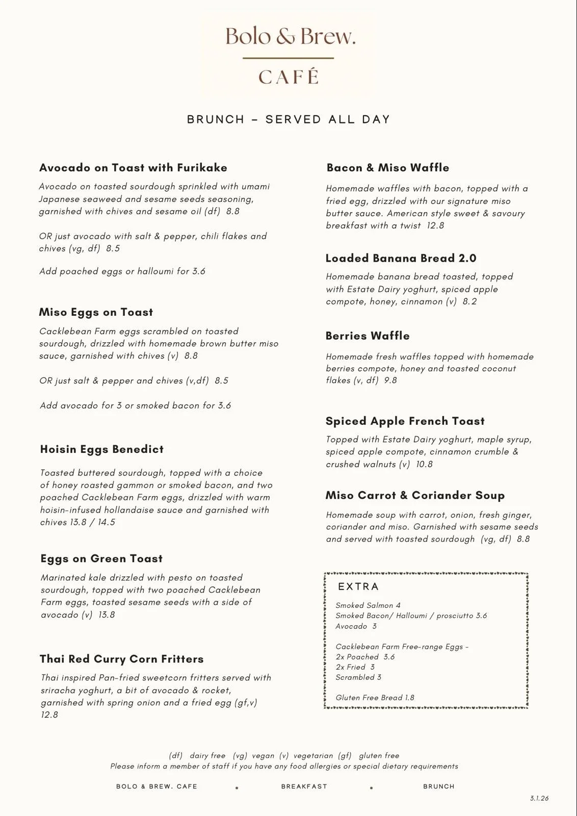 Brunch menu at Bolo & Brew café in Horsley Surrey