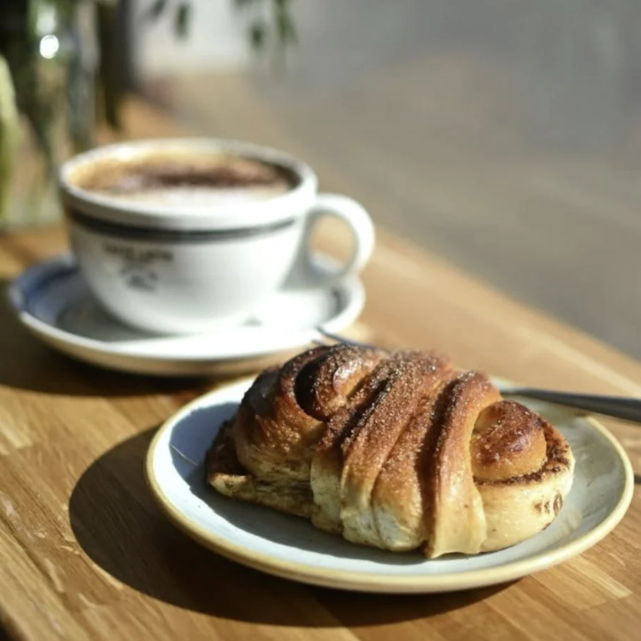 Coffee and pastry at Bolo & Brew café in Horsley, Surrey