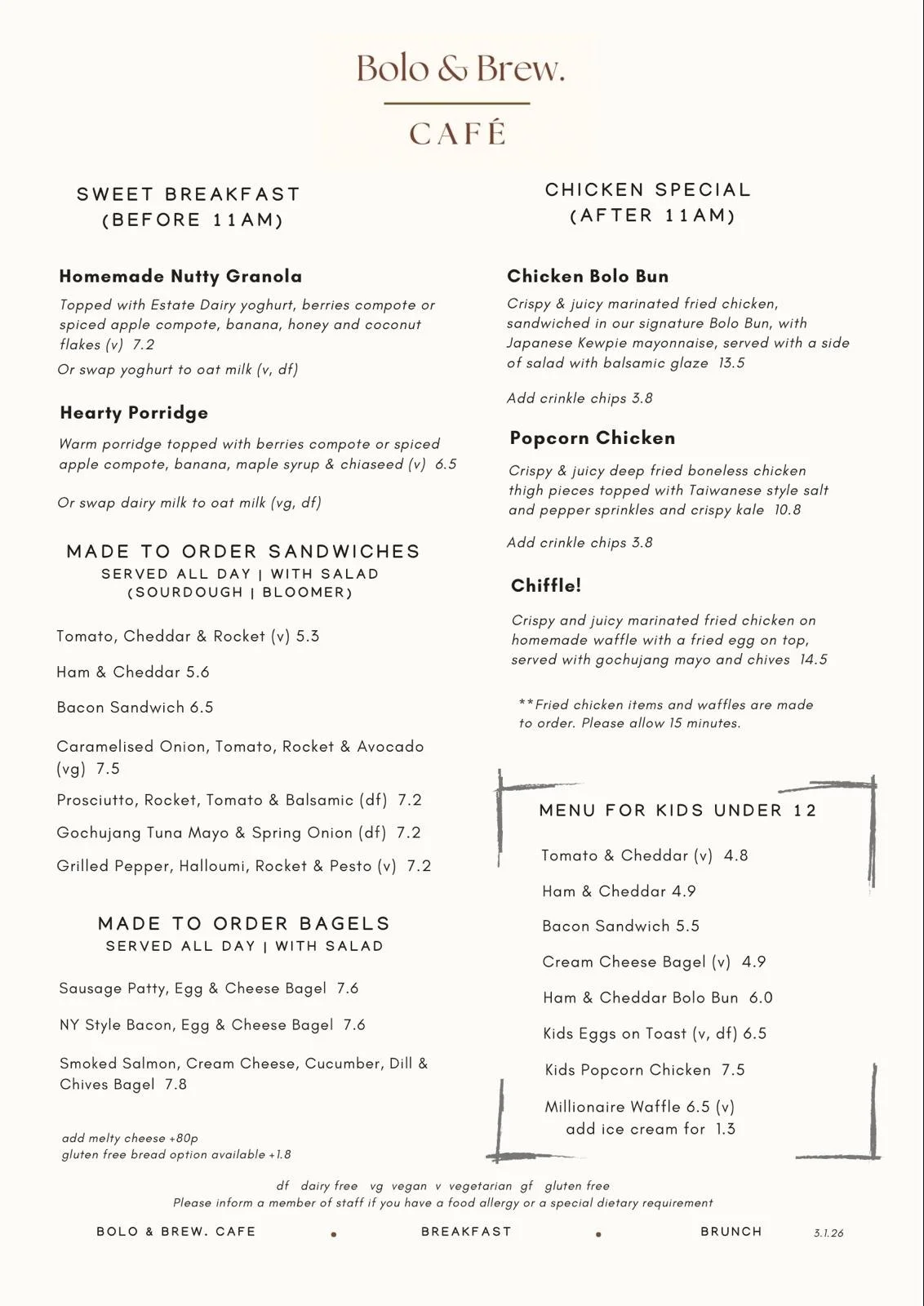 Breakfast and lunch menu at Bolo & Brew café in Horsley Surrey