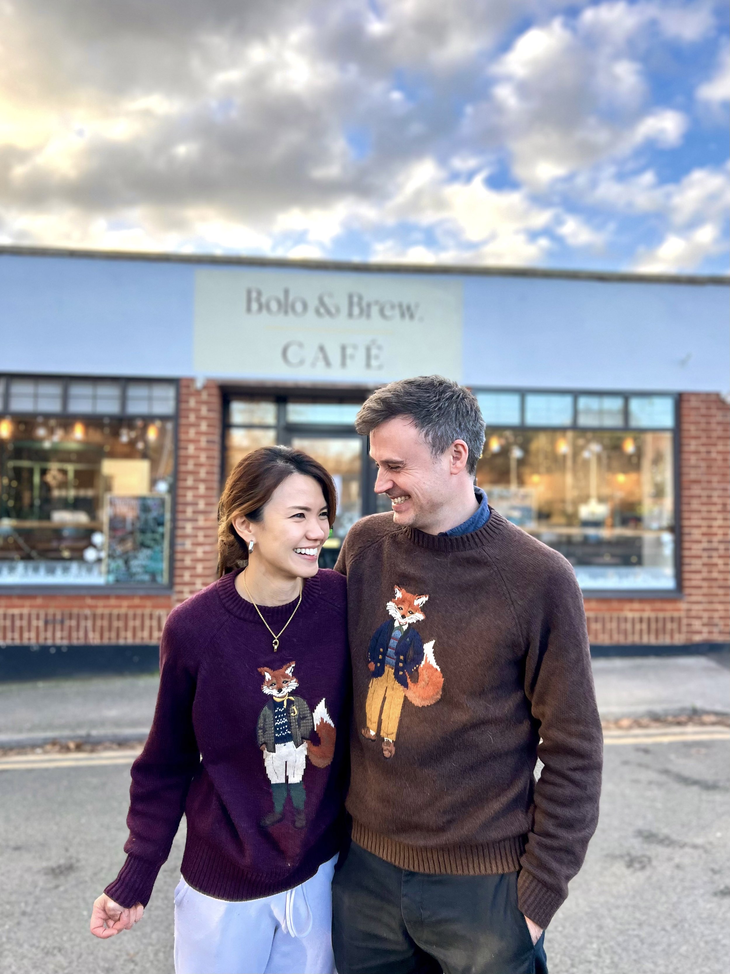 Owners Angel and Justin outside Bolo & Brew café in Horsley, Surrey