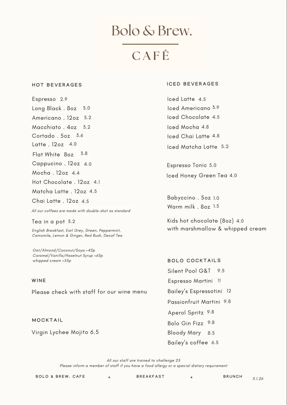 Coffee and drinks menu at Bolo & Brew café in Horsley Surrey